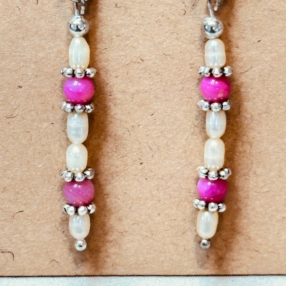 Stainless Steel Dangle Earrings Freshwater Pearls & Crackle Quartz Hand Made - Picture 5 of 11